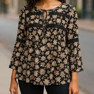 Altard State Black and Cream Ruffled Blouse Floral Pattern with Tie Front